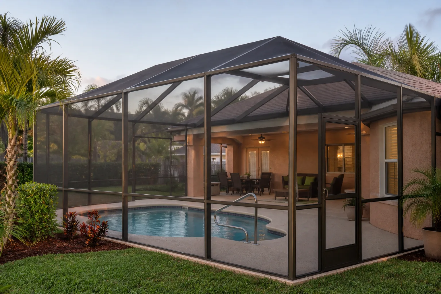 Dark bronze aluminum pool screen enclosure around a Florida backyard pool